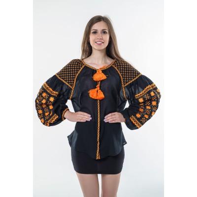 Boho Style Ukrainian Embroidered Folk  Blouse "Starry Sky" orange on black